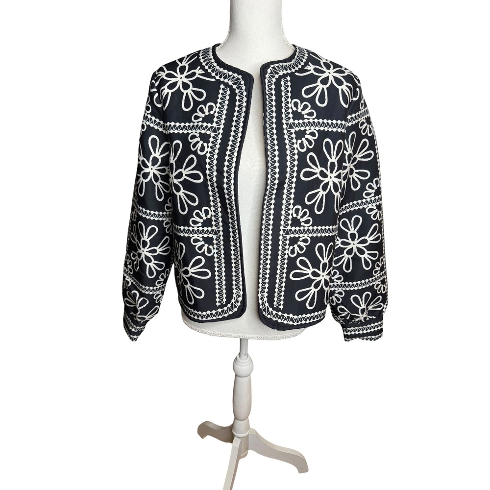 Sunday Up Women Black White Floral Tile Print Open Front Padded Jacket Small